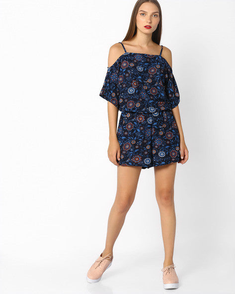 Floral Playsuit with Cold-Shoulders